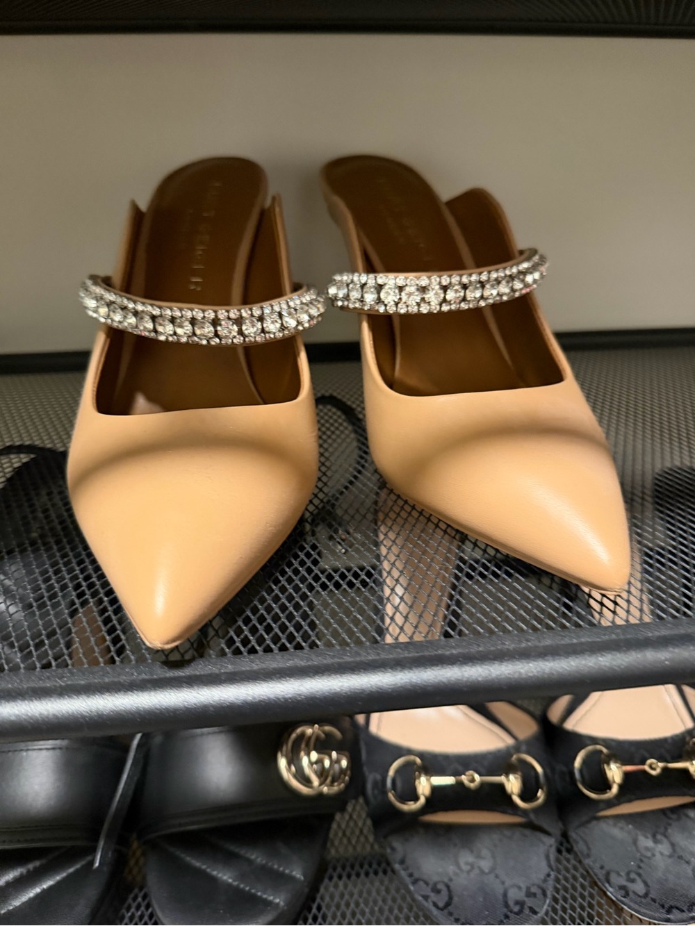 Kurt Geiger Nude Pointed Toe Mules with Crystal Strap